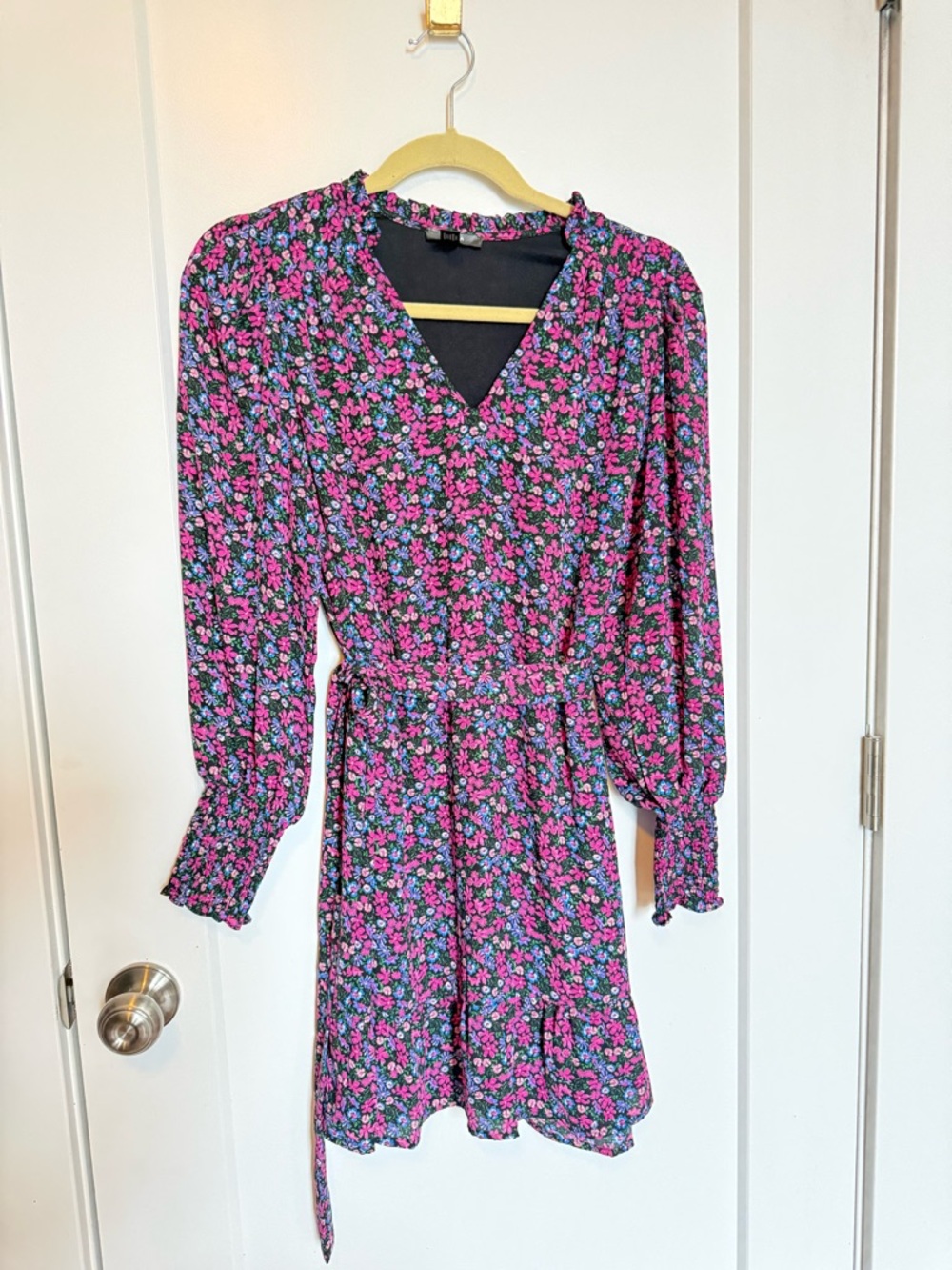 Aqua Black Floral V-Neck Long Sleeve Wrap Dress with Pink & Blue Flowers